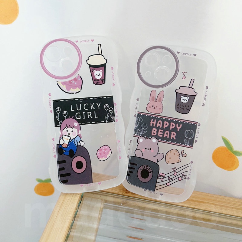OPPO A17 A77S A76 A96 A54 4G 5G A16 A16S A74 A95 A55 A53 A33 2020 A52 A72 A92 A15S A15S A31 A1K A12E A3S A9 A5 A7 A5S A12 A11K A57 2022 A83 A71 2018 A59 F11 Pro F7 F1S F5 Youth Cartoon Happy Bear Milk tea Lucky Girl Waves Edge Clear Soft Phone Case STB 13