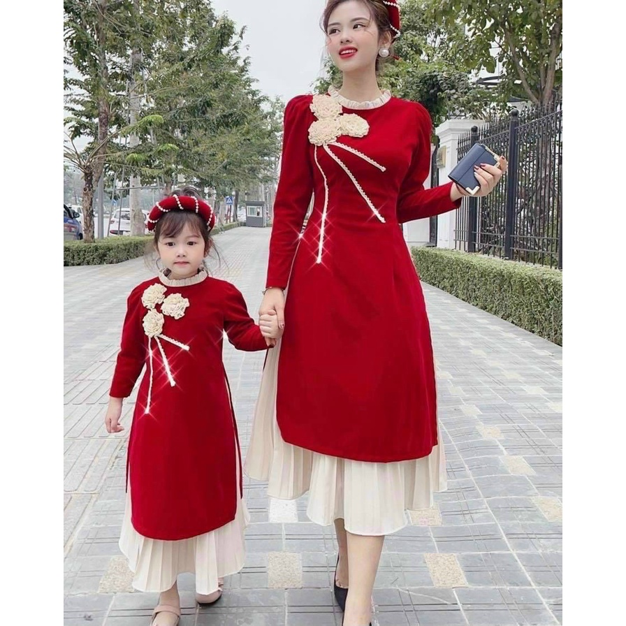 Sét bộ áo dài cách tân đính hoa cho mẹ và bé kèm chân váy đón tết ( không kèm mẫn đội đầu )