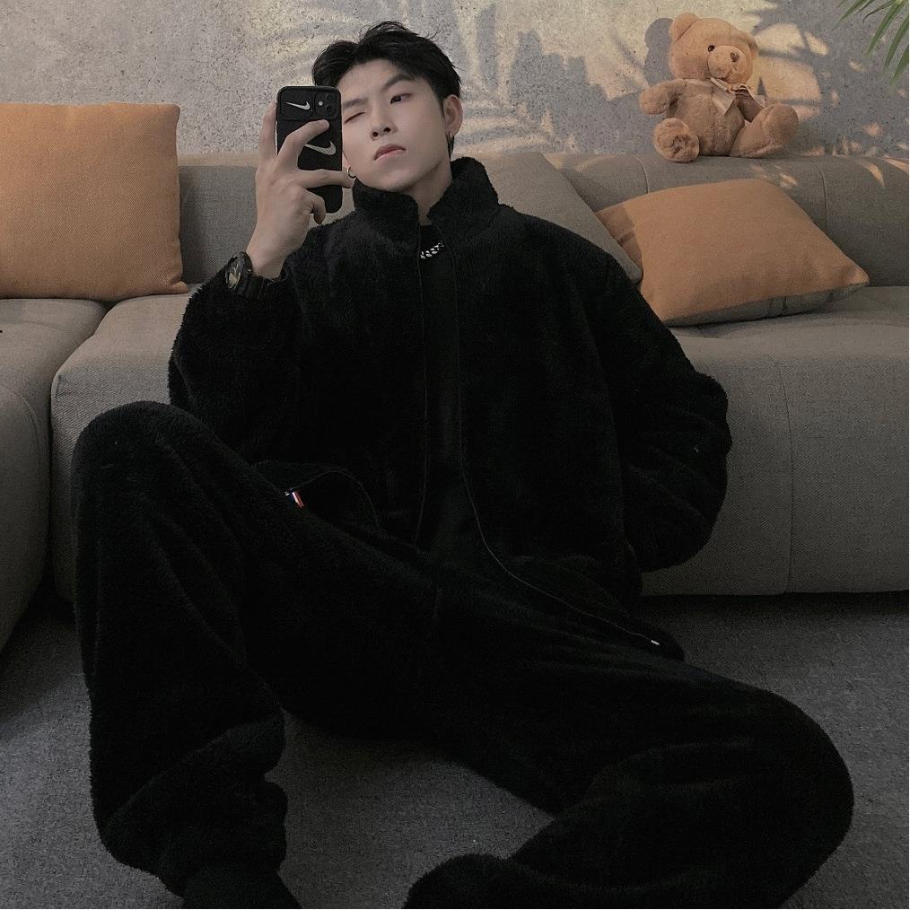 Bộ Đồ Ngủ Vải Lông Cừu San Hô Dày Dặn Thời Trang Thu Đông Cho Nam