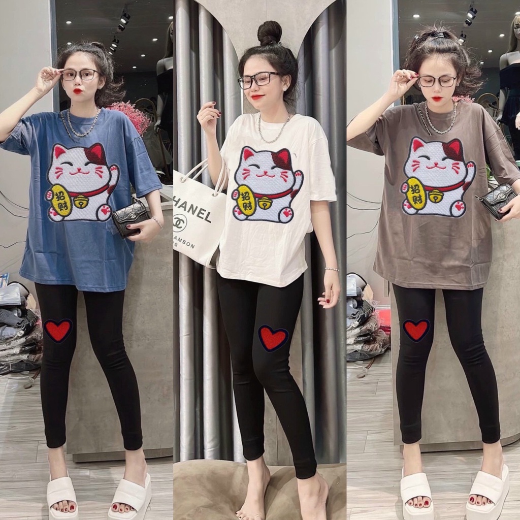 Set bộ đồ nữ áo thun thêu mèo thần tài + quần legging dài thêu tim đi chơi đi dạo phố