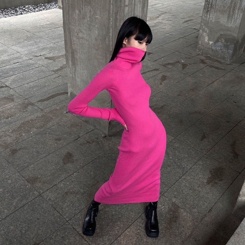 Bán Chạy! Giảm Giá Nóng!F &amp; X Đầm Dệt Kim Dáng Dài Qua Gối Cổ Cao Xẻ Tà Màu Hồng Thiết Kế Niche Kiểu Mới Dễ Phối Đồ Uni