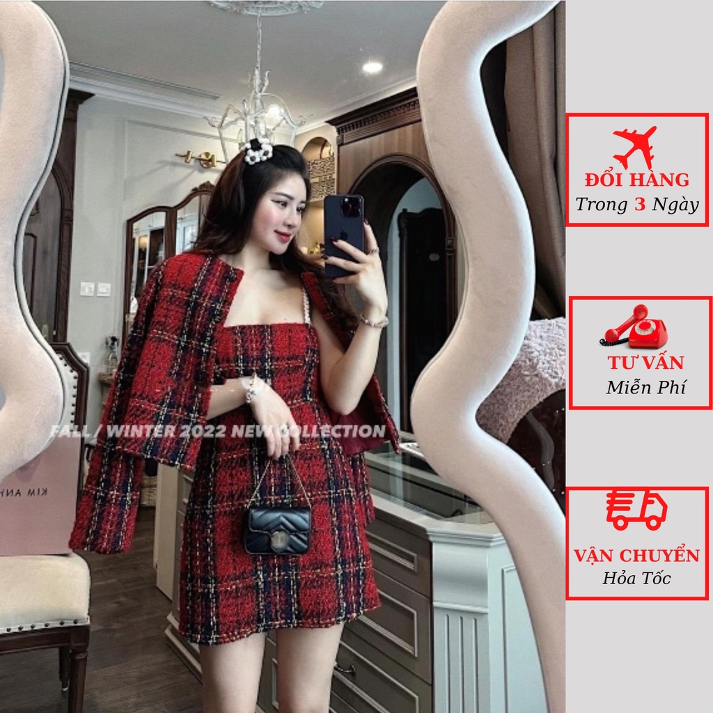 Set áo dạ tweed nữ kẻ đỏ mùa đông kèm váy 2 dây dạ kiểu dáng ngắn tiểu thư Hàn Quốc mặc Tết