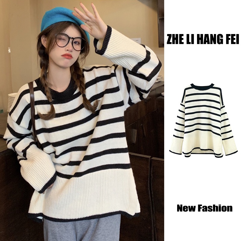 Áo sweater ZHELIHANGFEI tay dài dáng rộng thiết kế xẻ tà bên hông họa tiết kẻ sọc ngang thời trang trẻ trung