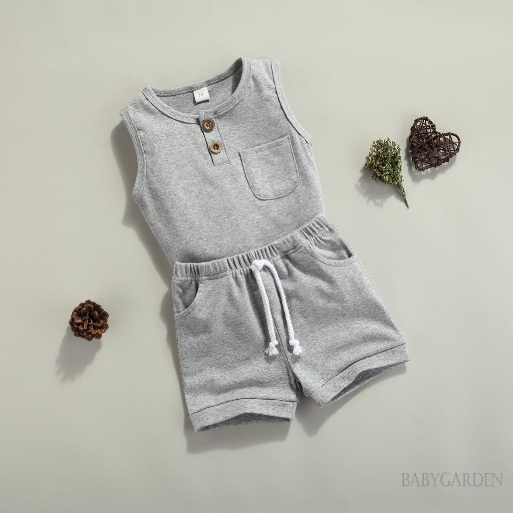 Bộ Áo Ba Lỗ Cổ Tròn Màu Trơn Phối Quần Short Dây Rút Thời Trang Cho Bé Trai 0-3 Tuổi