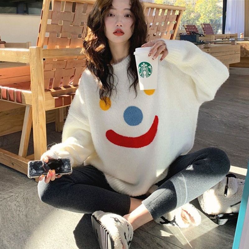 Áo len dệt kim dài tay in họa tiết Thời trang mùa thu phong cách hàn quốc cổ tròn rộng rãi ngọt ngào nữ