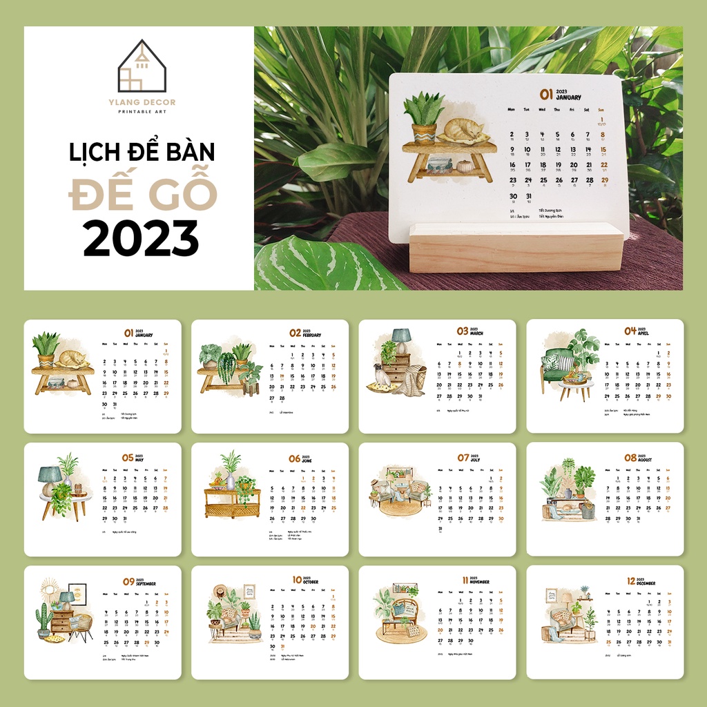 LỊCH ĐỂ BÀN ĐẾ GỖ 2023 - Calendar 2023 - Có Lịch Âm - Ghi chú các ngày lễ - Trang trí decor bàn học bàn làm việc - MẪU 3