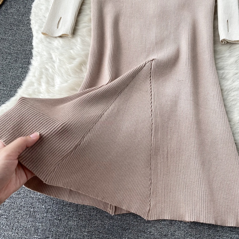 Váy len cổ V nữ kèm dây ruy băng len