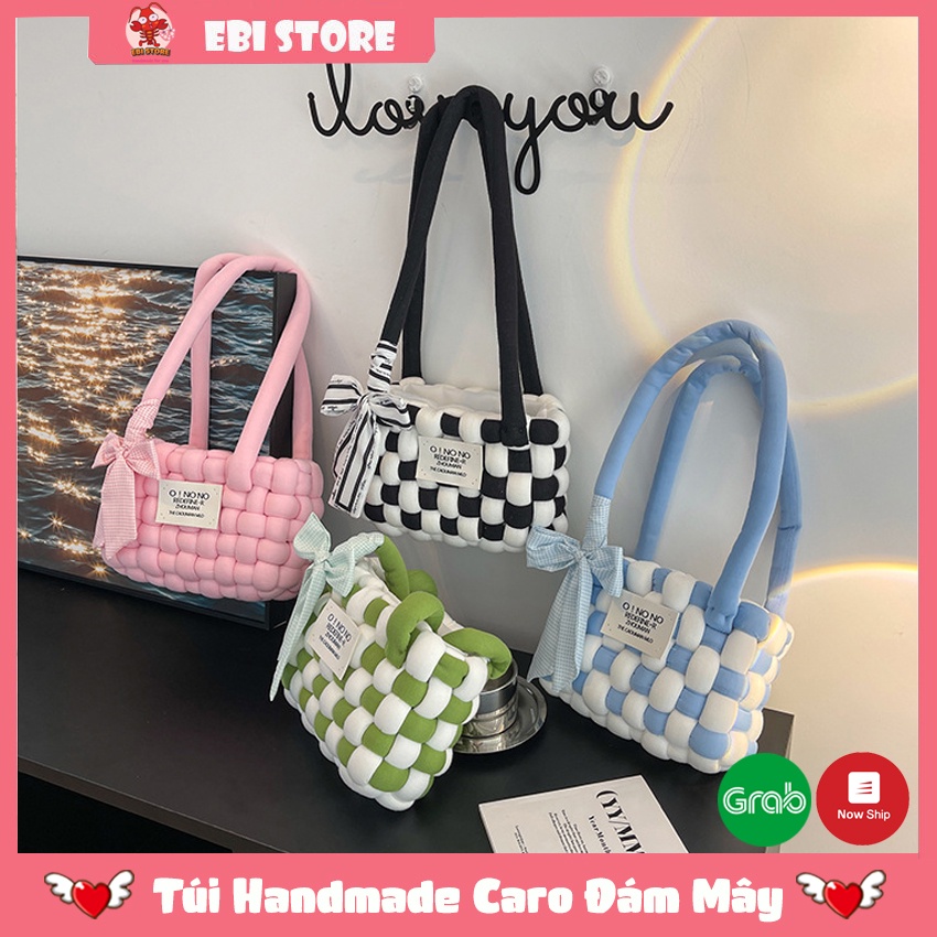 Túi Kẹp Nách Handmade, Túi Xách Tay Tự Đan Mẫu Kẻ Caro Len Bông Mềm Min Làm Tặng Người Thương