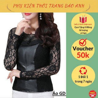 Áo ren phối da sang trọng cổ tròn tay dài, áo thun áo phông ren cổ ren tay dáng ôm mầu đen đính đá