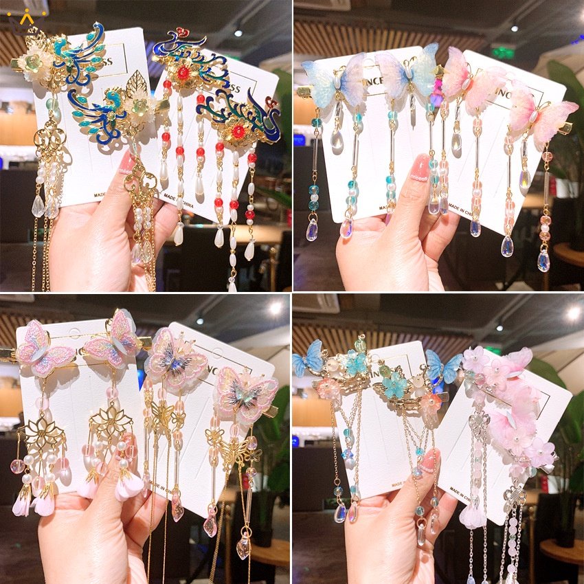 Trâm Cài Tóc Hình Bướm Phối Tua Rua Phong Cách Hán Phục Cổ Điển Cho Bé Gái