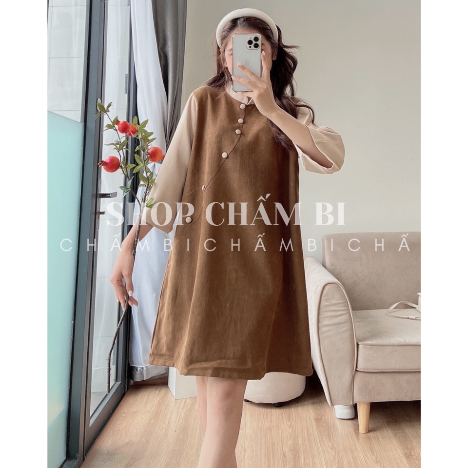 Áo dài cách tân nữ V.135, Váy áo dài dáng suông 2 màu phối tay be chất nhung tăm cực xinh - Thời trang nữ Chấm Bi