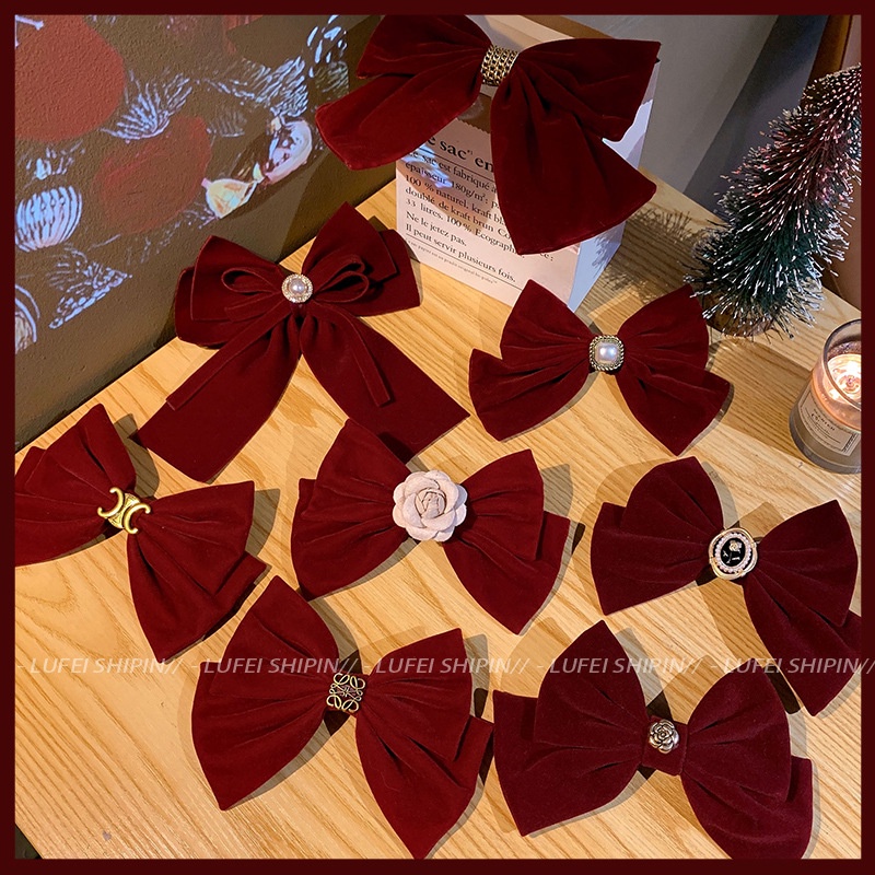 Kẹp Tóc Hình Nơ Đính Đá Lớn Màu Đỏ Phong Cách Hàn Quốc Cổ Điển Thời Trang