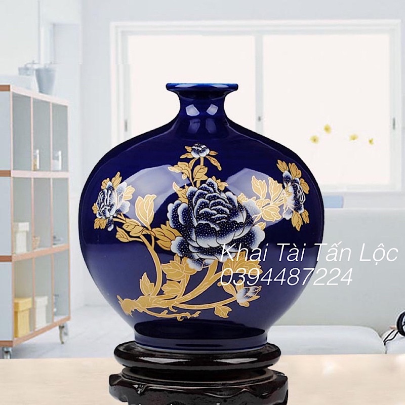 Bình hoa tụ tài gốm sứ vẽ mẫu đơn cao 17cm tặng đế gỗ