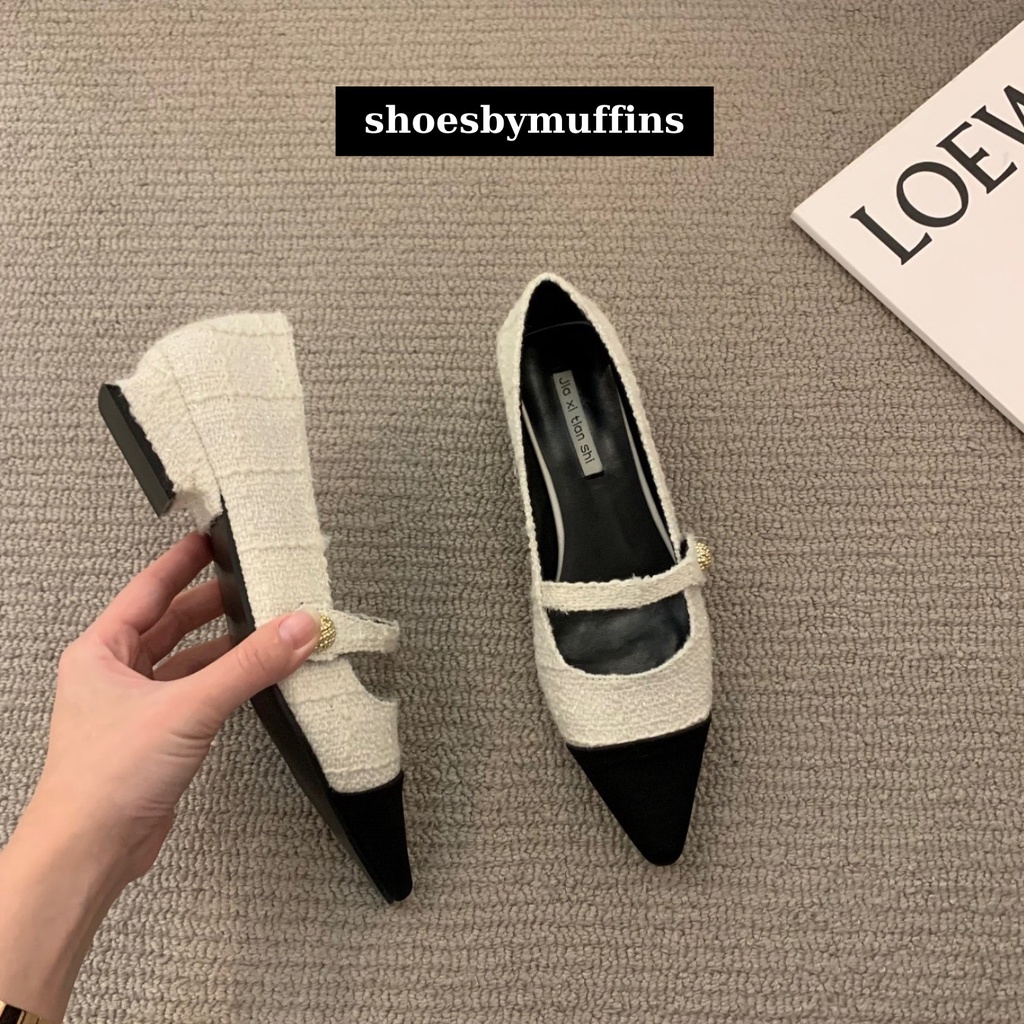 Giày búp bê mũi nhọn dạ tweed họa tiết phối màu phong cách tiểu thư sang chảnh