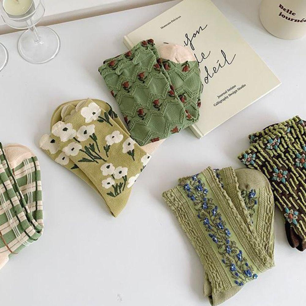 Vớ Cotton Jacquard Thêu Họa Tiết Hoa Phong Cách Retro Dành Cho Nữ