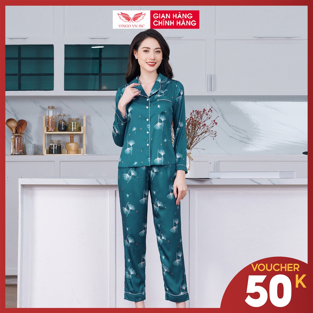 Đồ bộ nữ Pijama mặc nhà Lụa cao cấp mùa Thu Đông VINGO tay dài quần dài ngân hạnh màu xanh đỏ sang trọng H592 VNGO