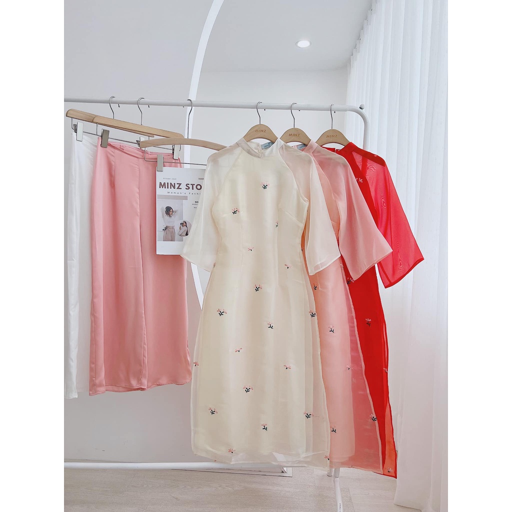 Áo Dài Cách Điệu Nữ Minz Store Mã 3478, Thiết Kế Thêu Hoa Nổi 2 Lớp Cổ Tàu