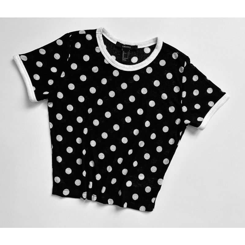 Áo croptop ôm thun bo voan nhẹ, mỏng, đen chấm bi to