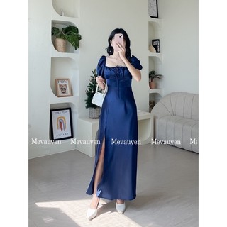 Đầm lụa có tay cổ vuông hở lưng cột dây Mevauyen