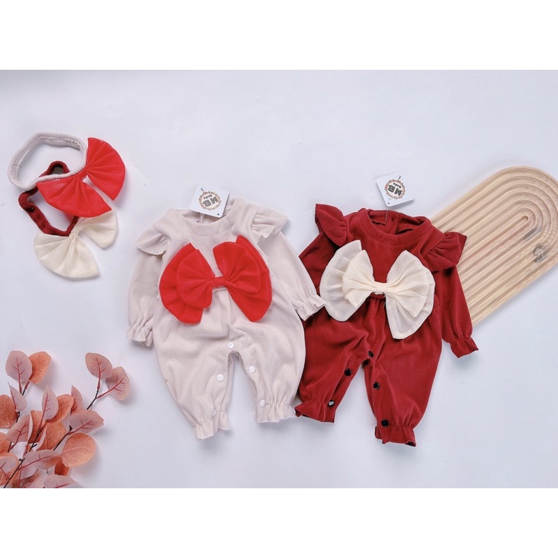 Body nhung tăm kèm turban nơ cực xinh cho bé gái, chất nhung dầy mịn ấm áp