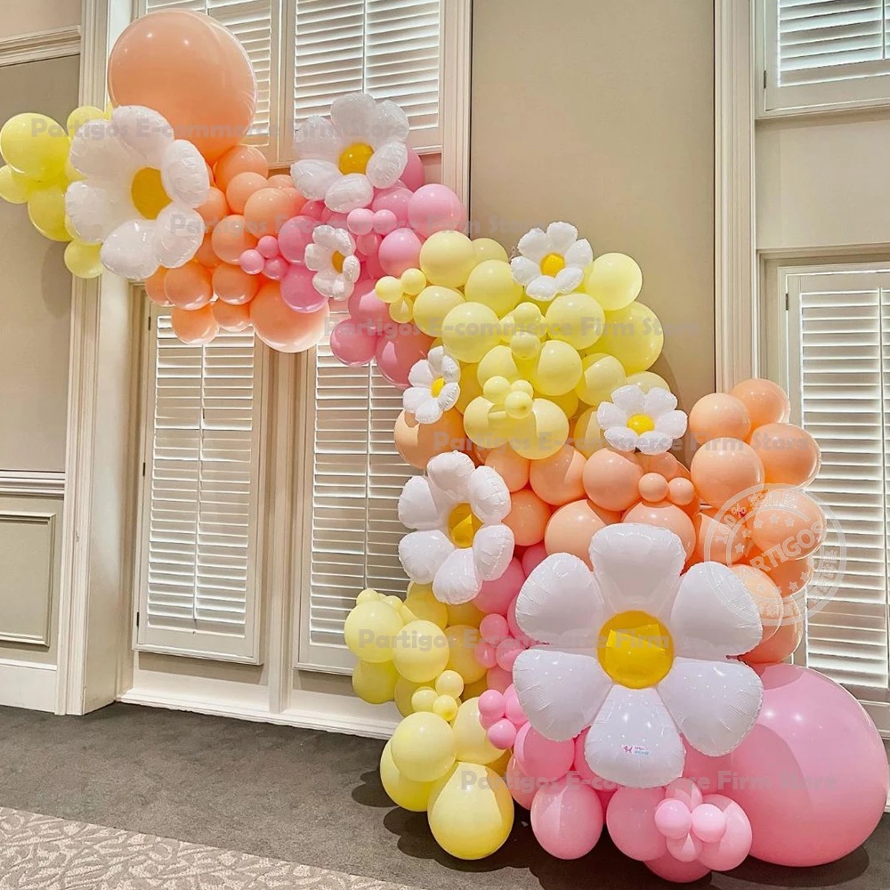 Set 157 Bong Bóng Hình Hoa Cúc Màu Hồng Cam Vàng Macaron Trang Trí Tiệc Cưới Sinh Nhật Bé