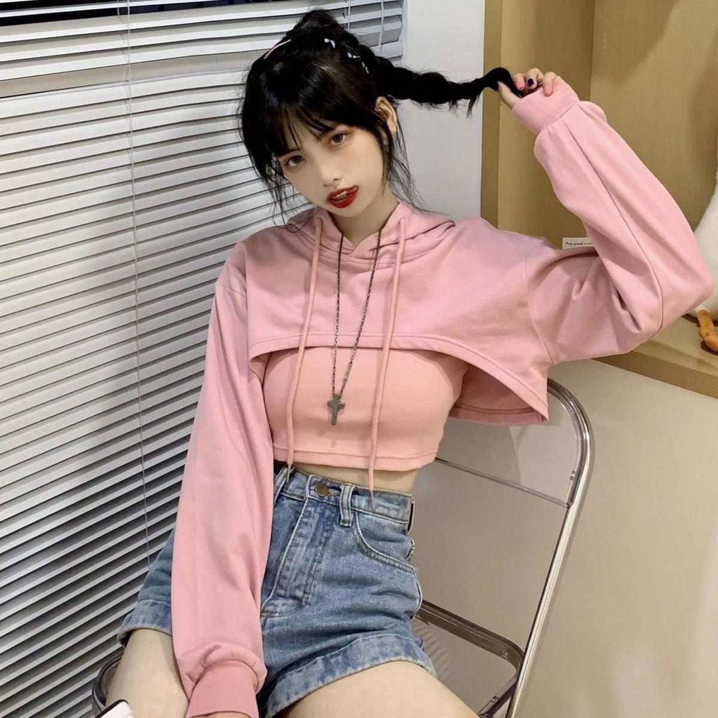 A 'o croptop tay da i Set Áo Sweatshirt Có Mũ Trùm Đầu tay Dài Ngắn Phong Cách Hàn Quốc Dành Cho Nữ
