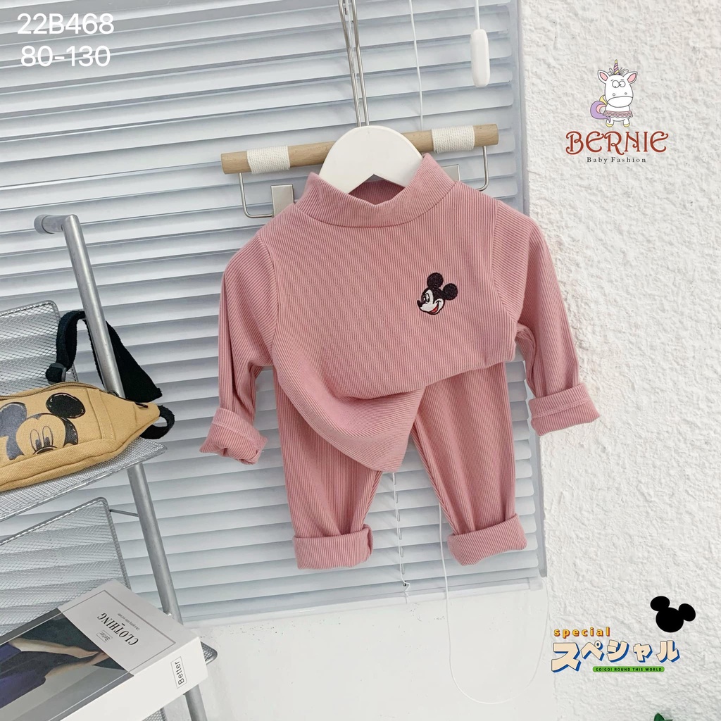 Bộ nhung tăm cổ 3P Mickey thêu nổi Bernie cho bé trai, bé gái