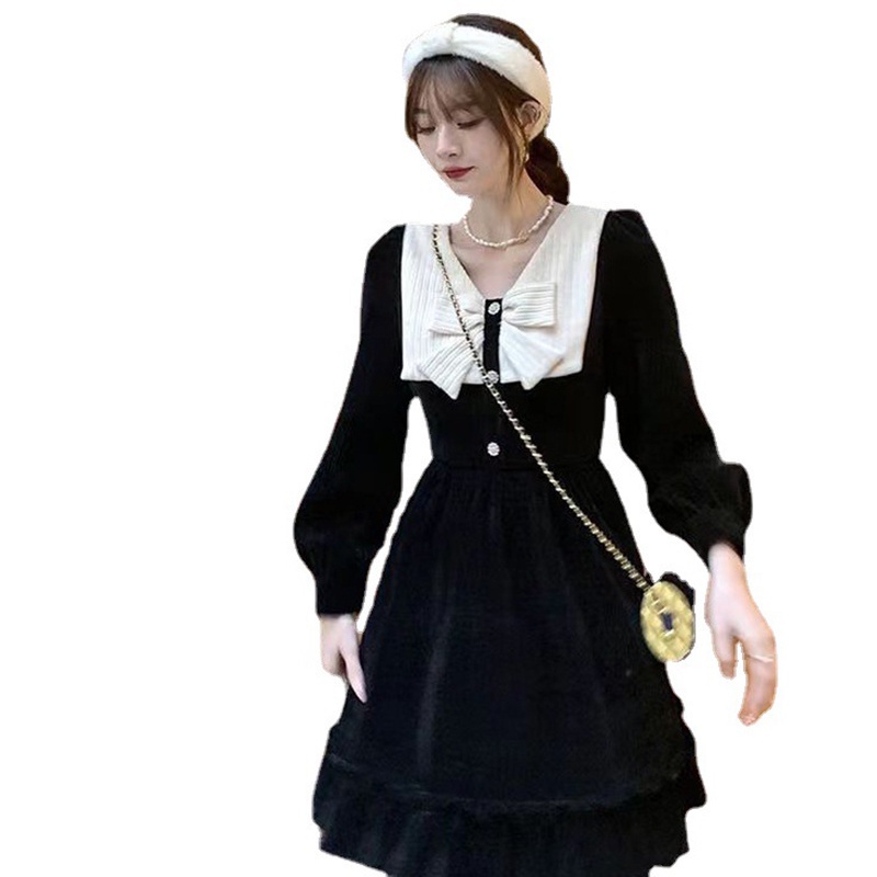 IELGY IELGY Đầm Đen Thắt Nơ Phong Cách Pháp Cổ Điển Cho Nữ