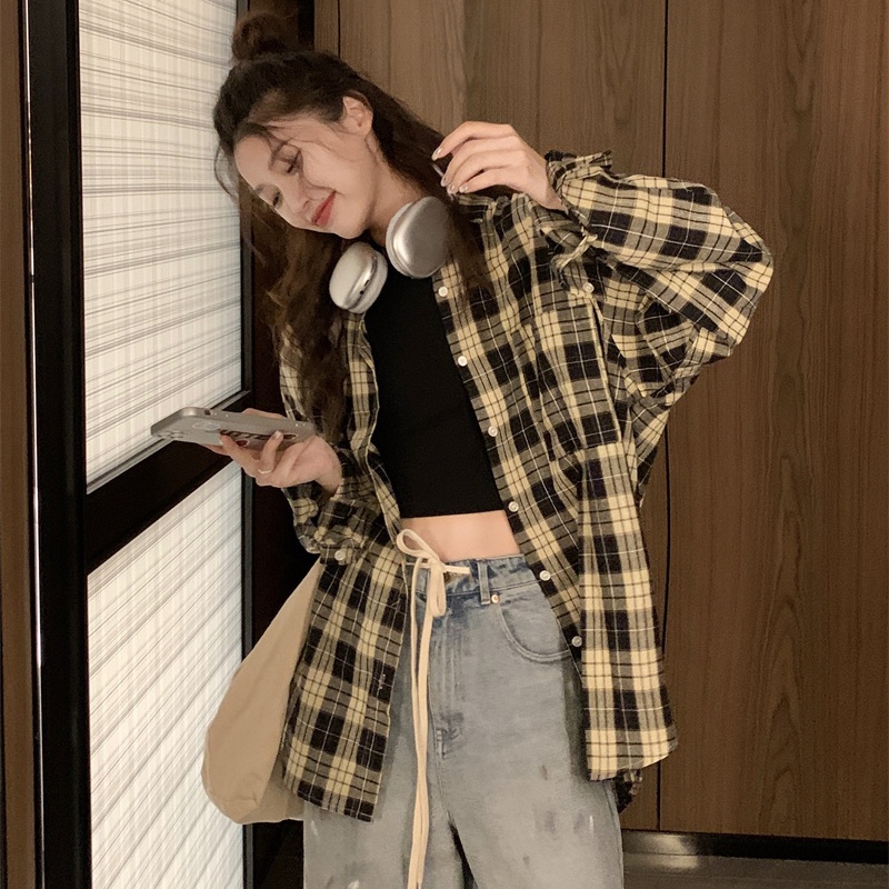 Áo sơ mi SUXI tay dài họa tiết ca rô thời trang dành cho nữ