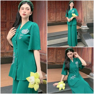 Đồ lam đi chùa # bộ lụa phi yến thêu hoa# quần áo nữ