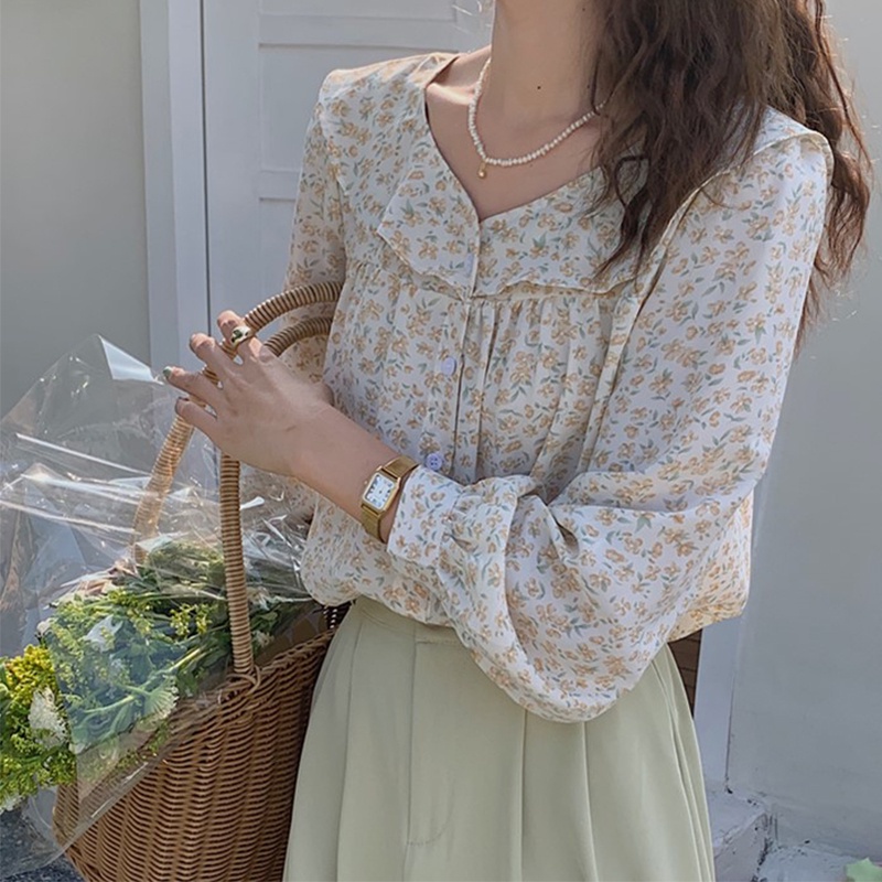 Áo sơ mi SUXI tay dài dáng rộng cổ búp bê in hoa thời trang cho nữ