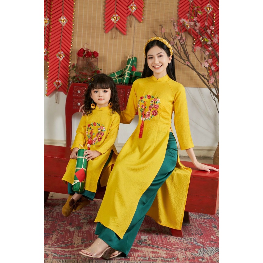 Áo Dài Truyền Thống Áo Dài Cách Tân Mẹ Bé Trong Đám Cưới Hỏi Họa Tiết Thêu Tay Sắc Nét Màu Vàng Chanh
