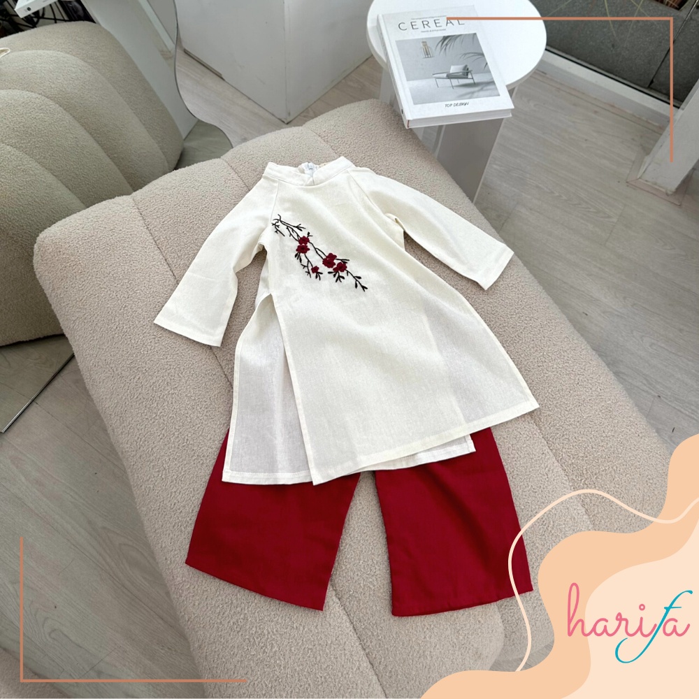BADT010 Áo dài bé gái - chất liệu linen thêu tay - họa tiết hoa - 1-6 tuổi