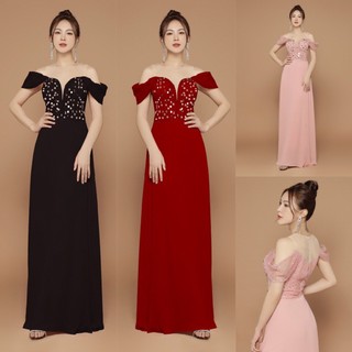 Đầm dạ hội xoè rớt vai đính kim sa - YB221243