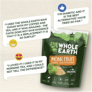 Đường ăn kiêng hữu cơ Whole Earth Monk Fruit 200g - Thành phần cỏ ngọt & quả la hán