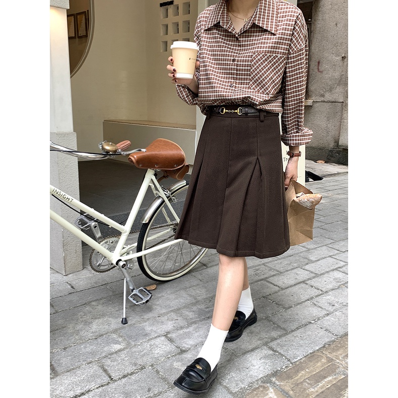 Áo sơ mi nữ Form rộng Tay dài kẻ sọc caro Retro Thu Đông Hàn Quốc Sơ mi nữ Dáng rộng Dài tay Thời trang