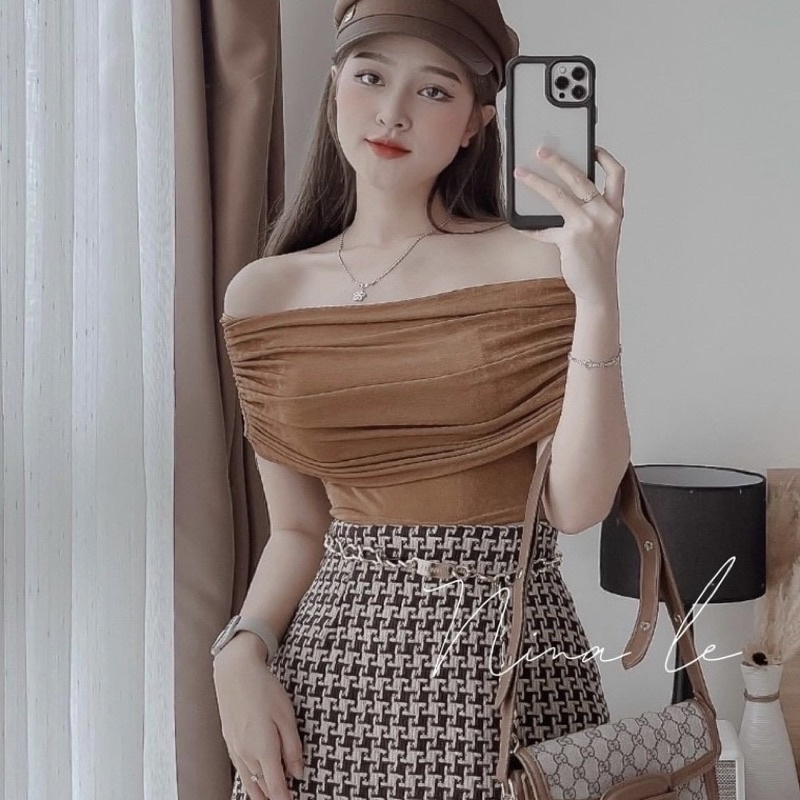 Áo trễ vai nhũ tay ngắn croptop ôm body (có video và hình thật)