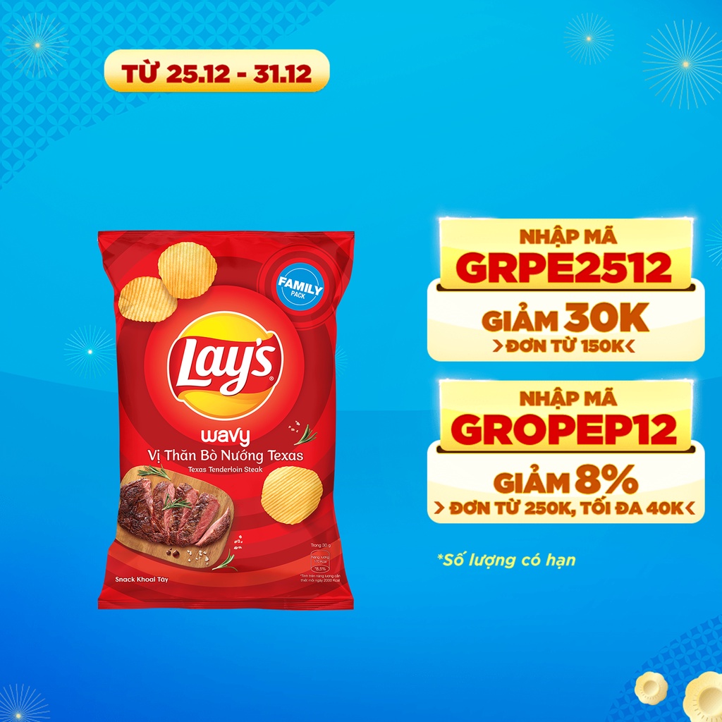 [GRPE2512 -30k đơn 150k] Snack Khoai Tây Lay's vị Thăn Bò Nướng Texas 150g /gói