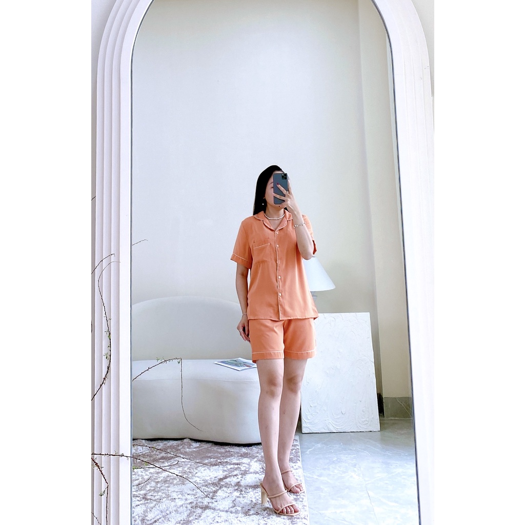 Pijama Lụa Mango TNQN Satino MNN-04 Màu Cam Đất Viền Trắng sang trọng