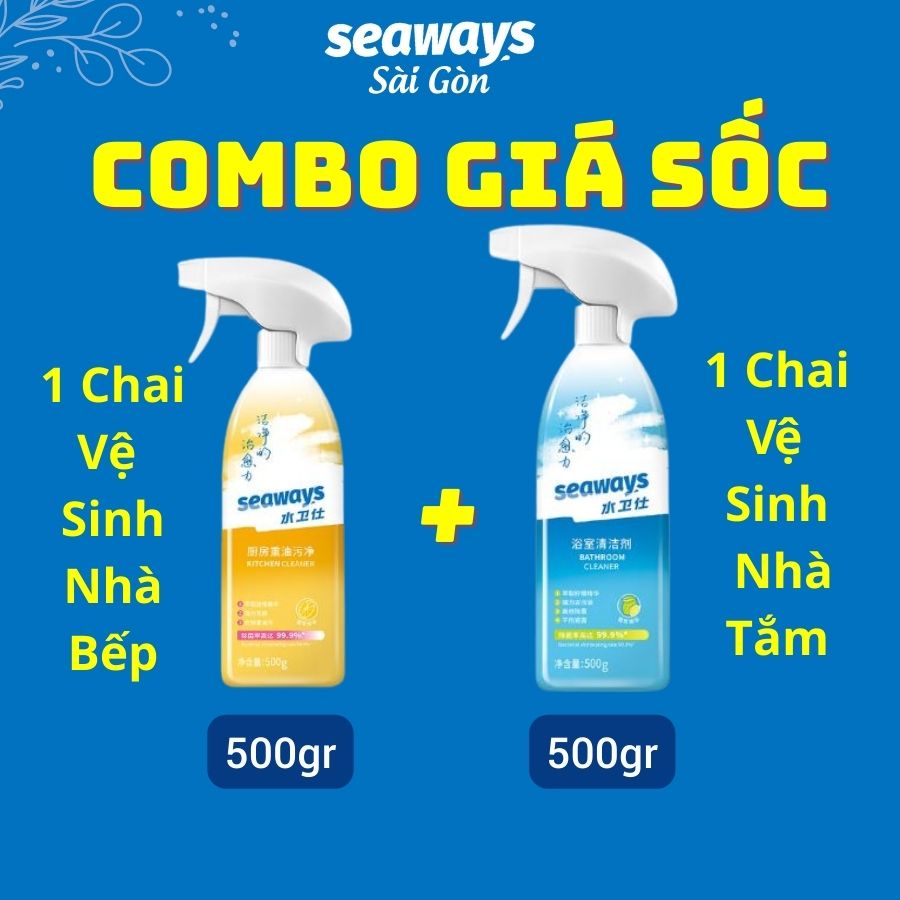- 1 Chai Tẩy Dầu Mỡ Nhà Bếp Seaways 480ml + 1 Chai Vệ Sinh Phòng Tắm/Vệ Sinh Kính/Cặn Canxi Seaways 500ml