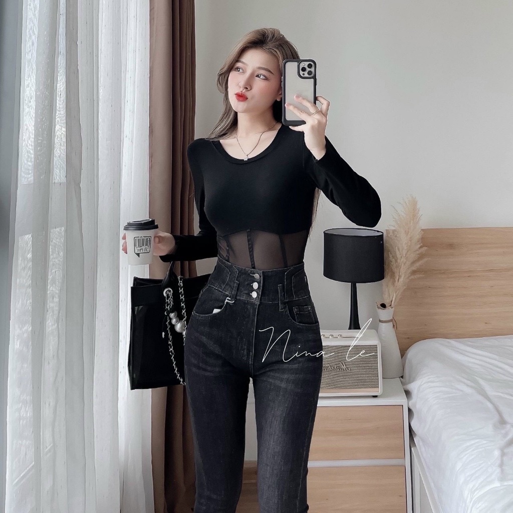 Áo kiểu tay dài phối lưới dưới eo cực hot , chất thun bozip mềm mịn