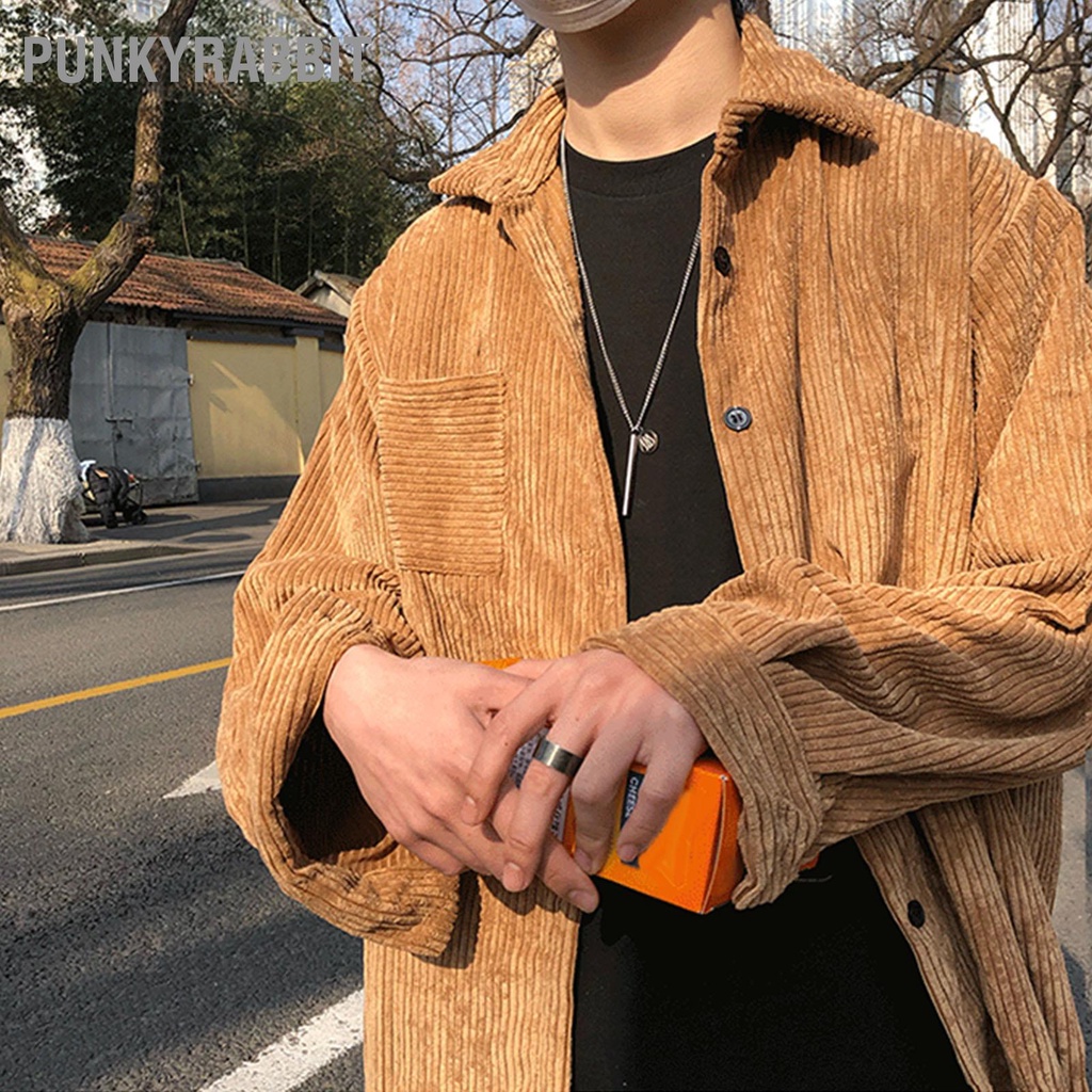 PunkyRabbit Áo sơ mi vải nhung Dài tay có khuy cài áo bằng khoác dài họa tiết quá khổ cổ điển cho nam