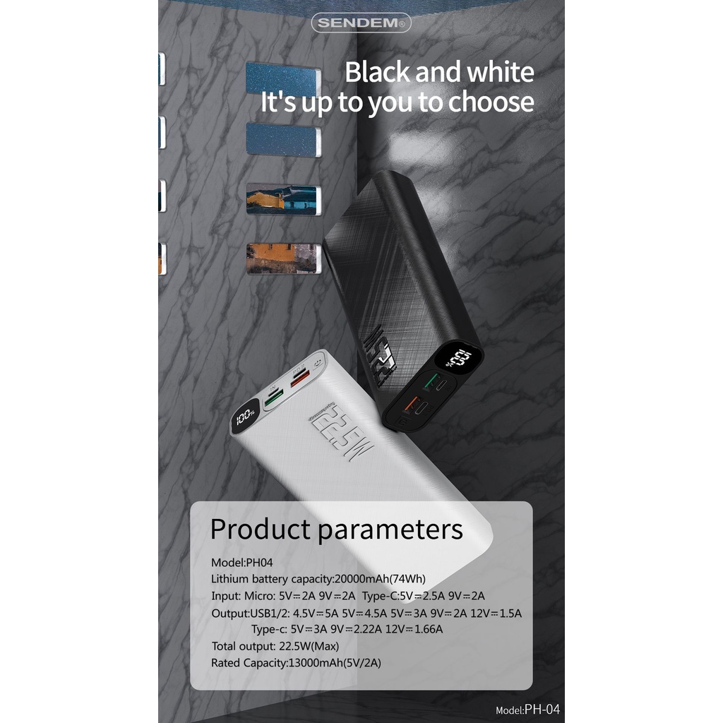 Pin sạc dự phòng SENDEM PH03/PH04 10000/20000mah sạc nhanh PD22.5W Hàng chính hãng, bảo hành 12 tháng