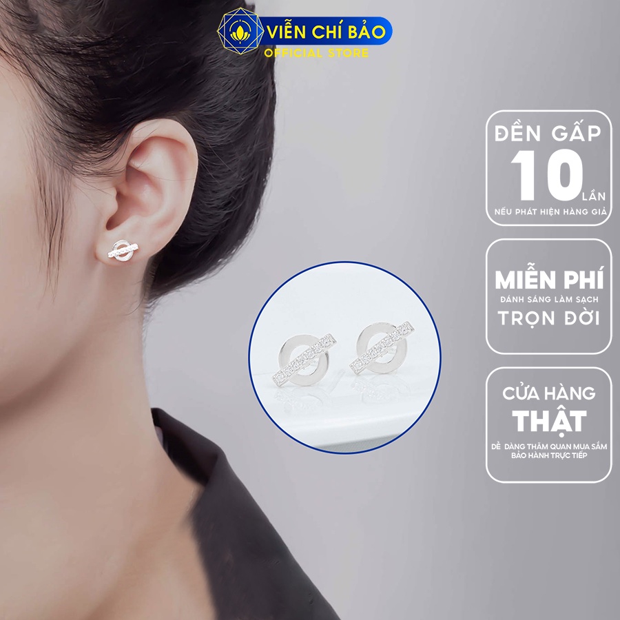 Khuyên tai bạc nữ tròn thanh ngang đính đá chất liệu bạc 925 thời trang phụ kiện trang sức Viễn Chí Bảo B400771