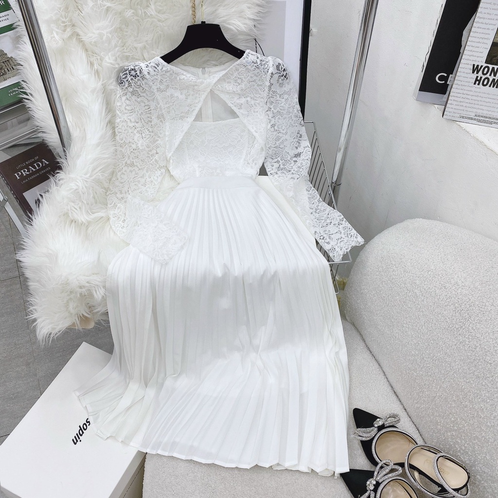 SET ÁO REN KHOÉT NGỰC TAY DÀI + CHÂN VÁY DẬP LY