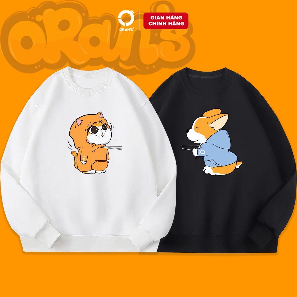 Áo Sweater đôi in hình chó corgi và mèo chất nỉ cotton lót bông cao cấp form rộng unisex - ORAN'S HOODIE COUPLE 15