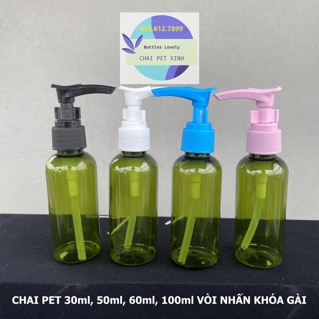 Chai pet nhựa vòi nhấn khóa gài dung tích 30ml, 50ml, 60ml, 100ml