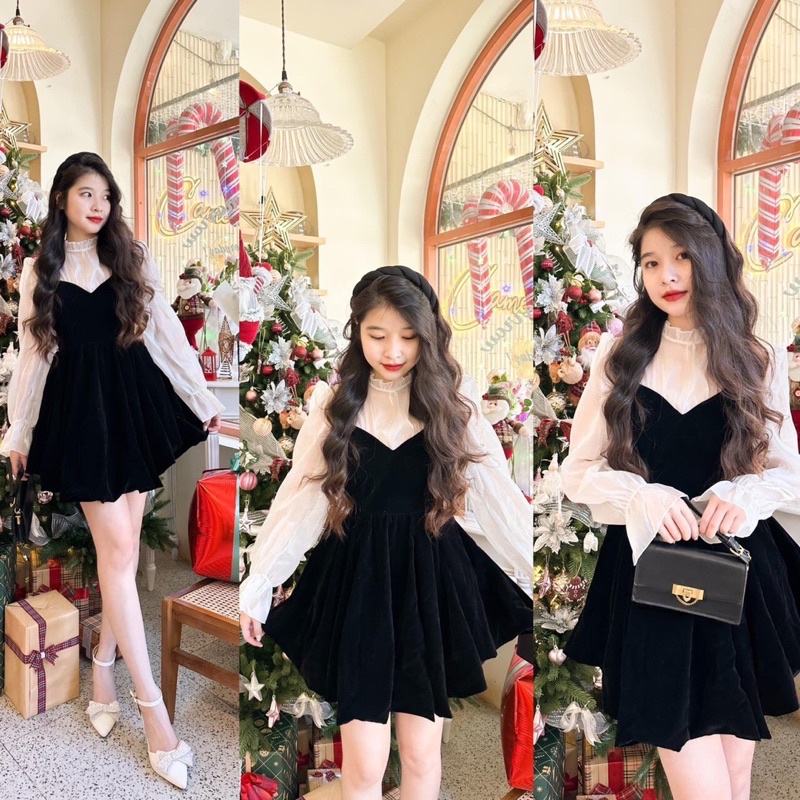 ĐẦM ĐEN NHUNG PHỐI VOAN TRẮNG TAY CỔ BÈO