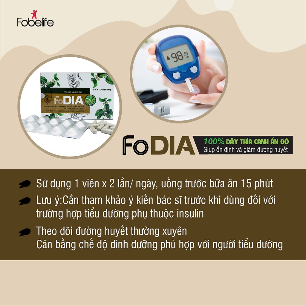 Viên uống ổn định đường huyết FODIA chiết từ dây thìa canh chuẩn hóa 25% Gymnemic Acid - Hộp 30 viên