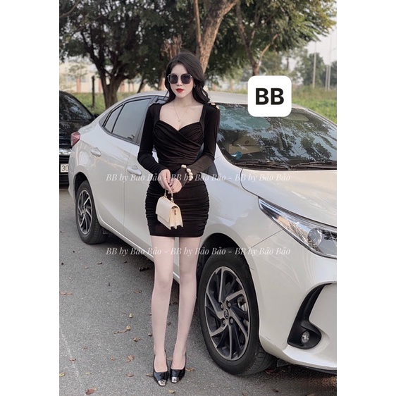 Đầm body nhũ cổ U đính khuy đồng cầu vai có lót(kèm video ảnh thật XMĐH)